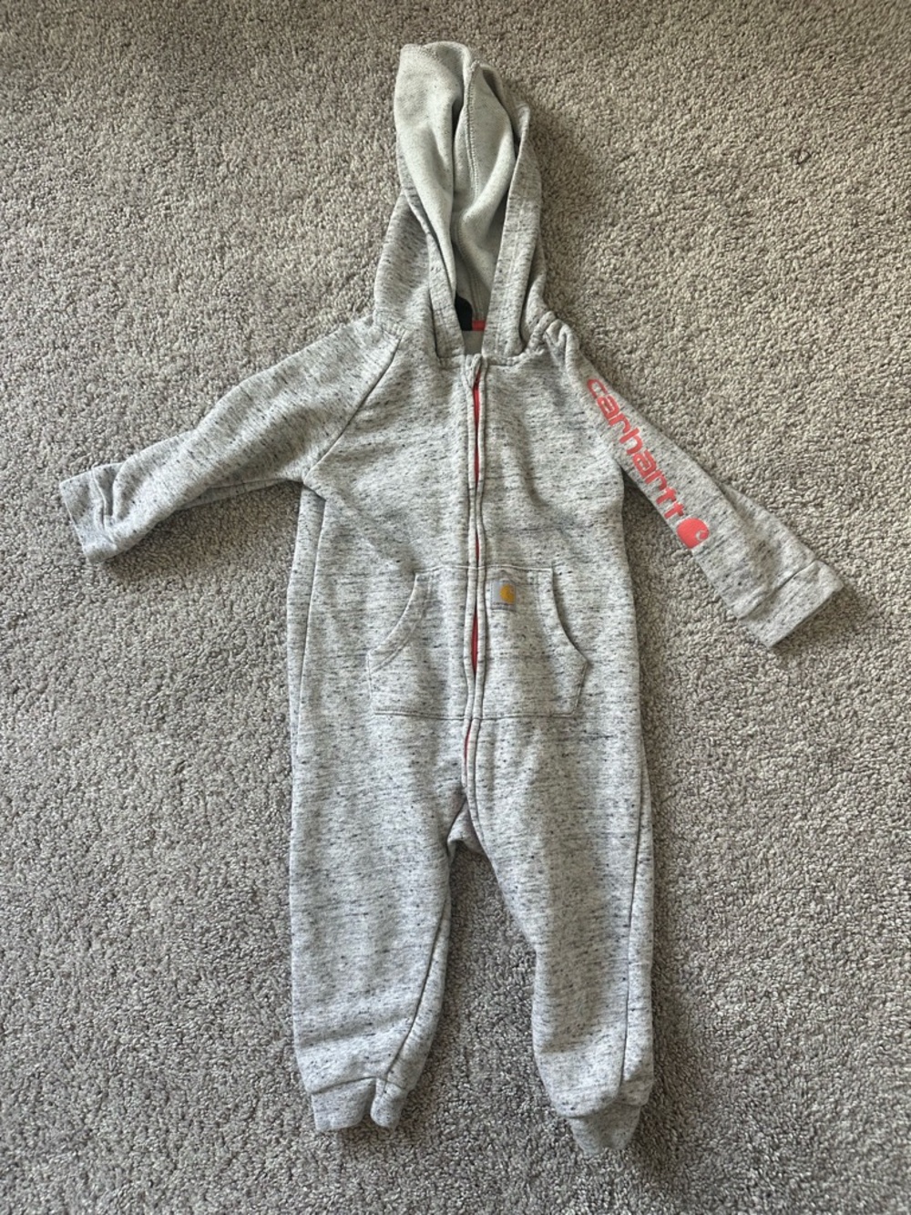 Carhartt Heather Gray Hooded Baby One-Piece Footie with Coral Logo